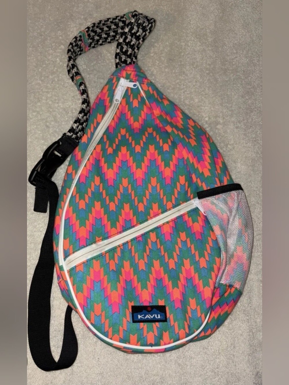 Kavu PAXTON PACK Crossbody Sling Bag in Teal Pink Orange Chevron